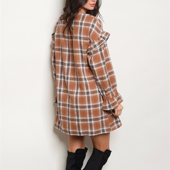 Checkered Long Sleeve Ruffled Tunic Dress - Picture 5 of 8